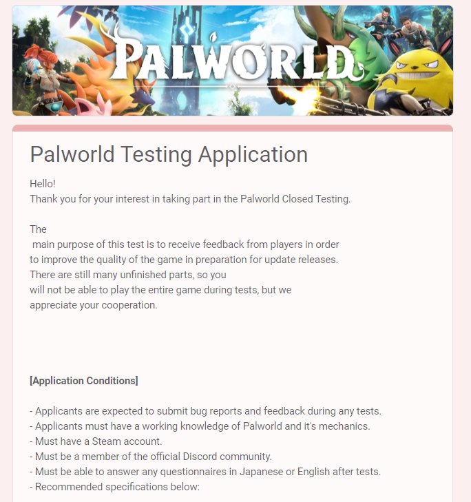幻兽帕鲁正在招募玩家进行封闭测试